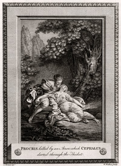 Prokrisz megölte egy nyílvesszővel, amelyet Cephalus a bozótoson keresztül lökött át, 1775 alkotó: W. Walker