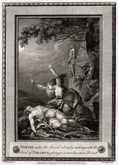 Thisbe elveszi a már Pyramus vérétől bűzlő Kardot, belemártja..., 1775. alkotó: W. Walker