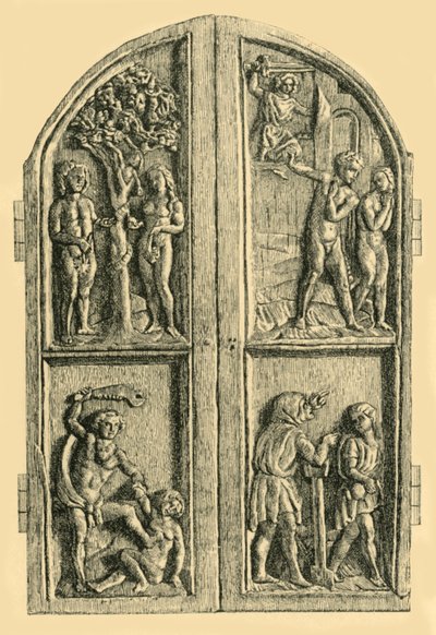 Fából készült diptichon a Genezis könyvének jeleneteivel, 19. század közepe, 1881. alkotó: W. Wise