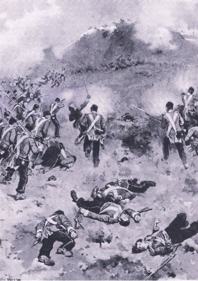 Assault on the Redan, illusztráció a brit csaták szárazföldön és tengeren című filmből, 1915 alkotó: Wal Paget