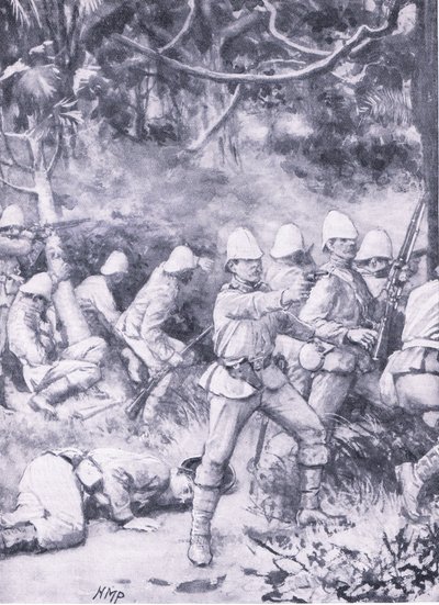 Harc az erdőn keresztül Coomassie felé vezető úton, illusztráció a "British Battles on Land and Sea" című filmből alkotó: Wal Paget