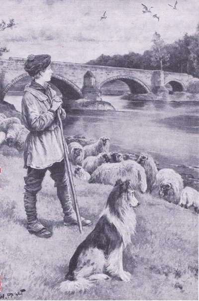 A Musselburgh-i régi római híd látványa megmozgatja John Rennie, a pásztorfiú képzeletét, a My Magazine-ból, pub. 1922 (litho) alkotó: Wal Paget