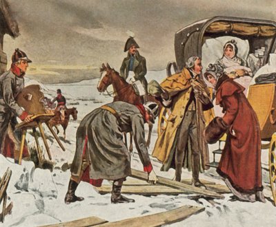 Louise királynő menekül Memelbe, 1807. január 5. (nagyított színes litográfia) alkotó: Waldemar Friedrich