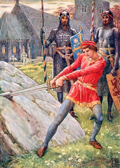 Arthur kihúzza a kardot a kőből (színes litográfia) alkotó: Walter (after) Crane