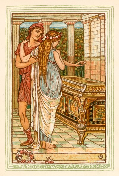 Pandora csodálkozik a szelencénél (színes litográfia) alkotó: Walter (after) Crane