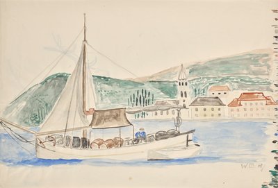 Férfi csónakban hordóval Olaszországban alkotó: Walter Barwig
