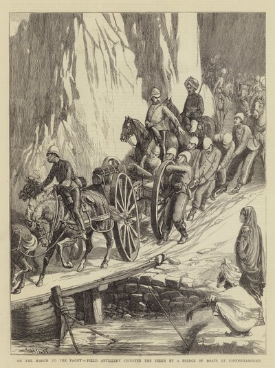 A frontra tartó menetben a tábori tüzérség átkelt az Induson a Khooshiahgurh-i csónakhídon alkotó: Walter Charles Horsley