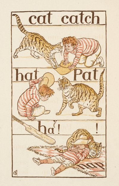 Egy fiú macskával játszik. Illusztráció a „The Golden Primer”-ben. alkotó: Walter Crane