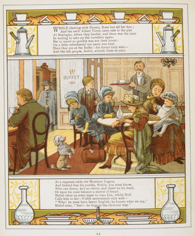 Egy család frissítőt fogyaszt a büfében. Színes illusztráció a külföldről. alkotó: Walter Crane