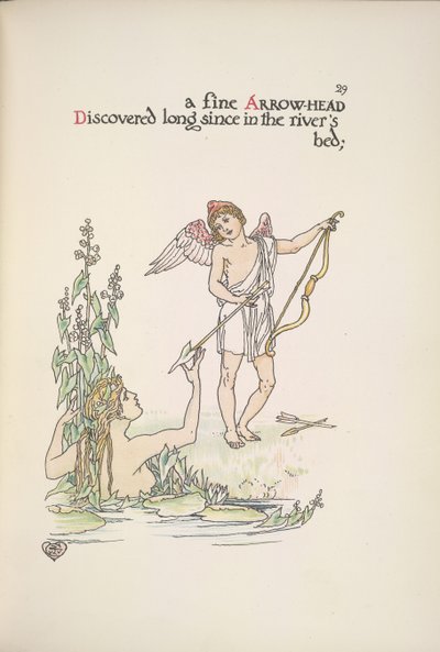 Egy angyal, aki nyilat tart, és egy hölgy a folyóban vagy a tóban alkotó: Walter Crane