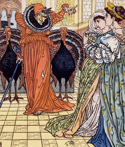 Boszorkány megjelenése két páva kíséretében, metszet Walter Crane rajzából (1845-1915) alkotó: Walter Crane