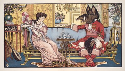 Szépség és a Szörnyeteg, kocsma. 1874 (színes litó) alkotó: Walter Crane