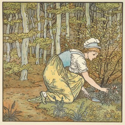 Színes illusztráció a „Gefunden” német nyelvű rímhez. Egy fiatal nő virágot szedés a fában. alkotó: Walter Crane