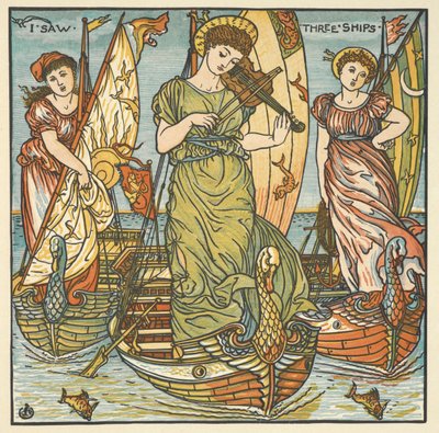 Színes illusztráció a „Láttam három hajót”. Három nő, az egyik hegedül, áll a hajókon. alkotó: Walter Crane