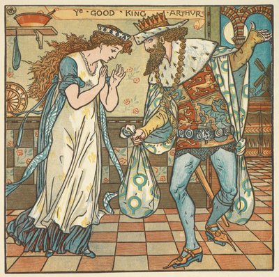 Színes illusztráció a „King Arthur”-hoz. Arthur király és királynője egy zsák hozzávalóval egy szilvapuding elkészítéséhez. alkotó: Walter Crane