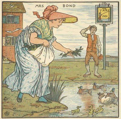 Színes illusztráció a „Mrs Bond”-hoz. Egy nő kacsákat etet egy fogadó előtt. alkotó: Walter Crane