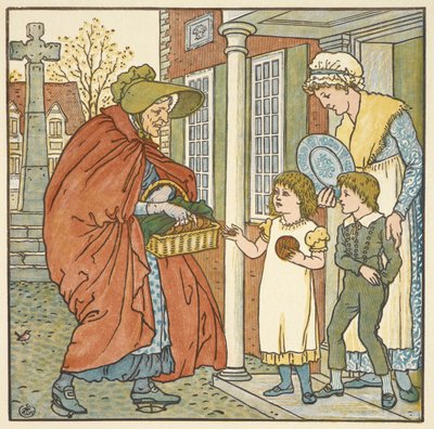 Színes illusztráció a „forró keresztes zsemléhez”. Egy idős nő forró keresztes zsemlét ad két gyereknek. alkotó: Walter Crane