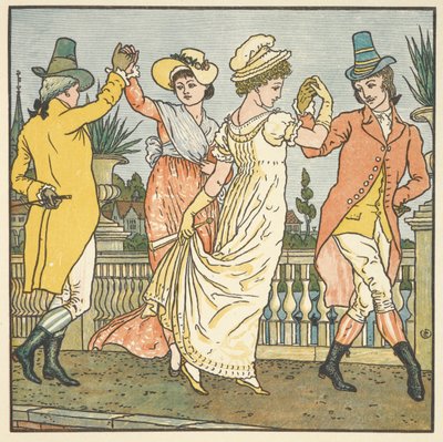 Színes illusztráció az „Avignoni hídon” kifejezéshez. Két pár táncol. alkotó: Walter Crane