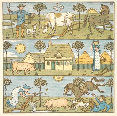 Színes illusztráció a „kis katasztrófához”. Egy gazda, egy tejeslány és különféle haszonállatok. alkotó: Walter Crane