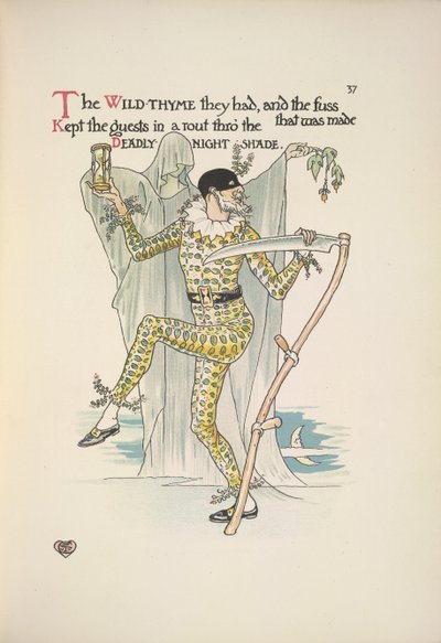 Halálos éjszakai árnyék. Egy férfi, aki maszkot, sárga jelmezt visel, tojásidőzítőt és kaszát tart alkotó: Walter Crane