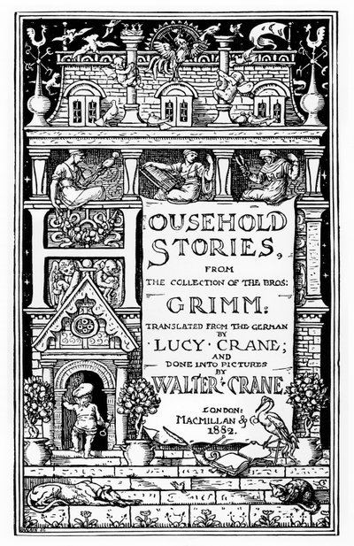 A Grimm testvérek „Háztartási történeteinek” első borítója, kiadó: Macmillan und Co., 1882 alkotó: Walter Crane