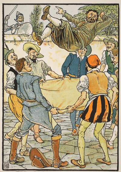 Hogyan fizette Sancho az elszámolást, illusztráció a "Don Quijote a Mancha"-ból, amelyet Parry bíró újra elmesélt, pub. Blackie und Son Ltd., London, 1900 alkotó: Walter Crane