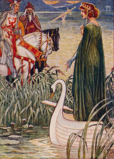 Arthur király elkéri a tó hölgyétől az 1911-es Excalibur kardot. alkotó: Walter Crane