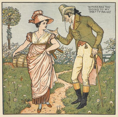 "Csinos szobalányom". Egy úriember egy fiatal nővel beszélget. alkotó: Walter Crane