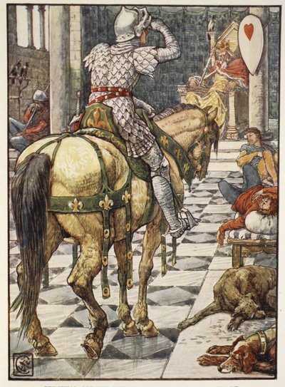 Percival megszerzi a dobogó szív pajzsát, Henry Gilbert „A kerekasztal lovagjai történetei” című művéből, első kiadás, 1911 alkotó: Walter Crane