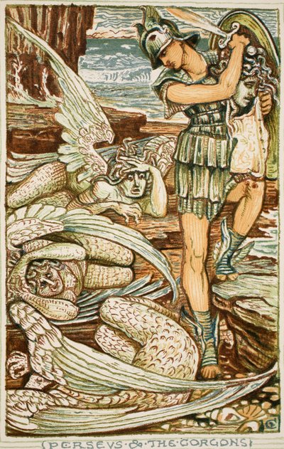 Perszeusz és a Gorgonok, illusztráció Nathaniel Hawthorne „A csodakönyv lányoknak és fiúknak” című könyvéből alkotó: Walter Crane