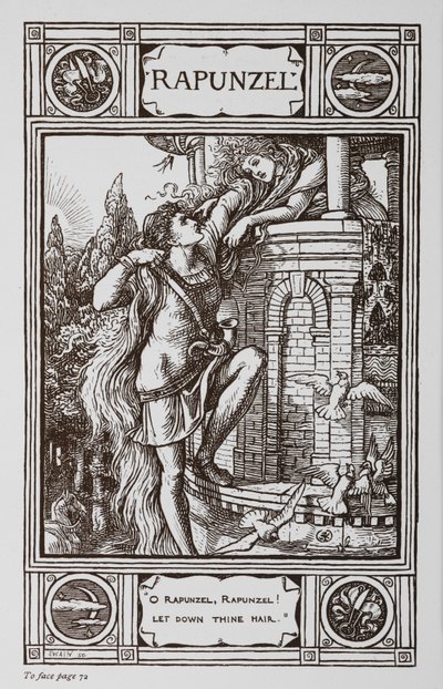 Rapunzel kihajol egy torony ablakán, miközben egy herceg felmászik a hajába. alkotó: Walter Crane