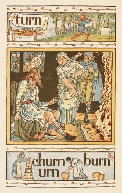 N betűre végződő rímszavak. Illusztráció, bemutató esetleg Alfréd király és az égő sütemények. Az Arany alapozó. alkotó: Walter Crane