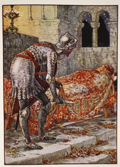 Sir Lancelot a Veszélyes kápolnában, Henry Gilbert "A kerekasztal lovagjainak történetei" című művéből, első kiadás, 1911. alkotó: Walter Crane