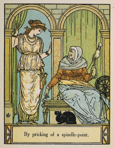 Csipkerózsika egy öregasszony mellett áll, forgó kerékkel és cérnával. Egy fekete macska ül alatta. alkotó: Walter Crane