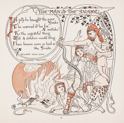 Az ember és a kígyó, illusztráció az Aesops Fables-ből, pub. 1887 alkotó: Walter Crane