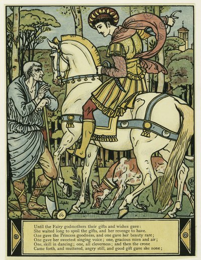 A herceg útbaigazítást kér, a Kékszakállú képeskönyvből, kocsmából. 1879 (színes litó) alkotó: Walter Crane