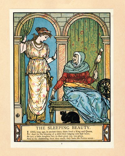 A hercegnő forogni tanul, a Kékszakállú képeskönyvből, kocsmából. 1879 színes litográfia, 1879. alkotó: Walter Crane