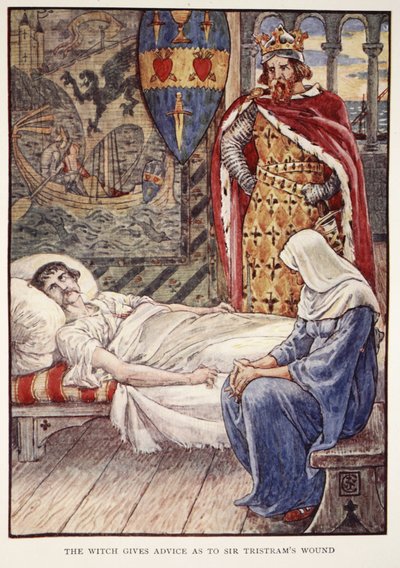 A boszorkány tanácsot ad Sir Tristram sebével kapcsolatban Henry Gilbert „A kerekasztal lovagjai történetei” című könyvéből, első kiadás, 1911 alkotó: Walter Crane
