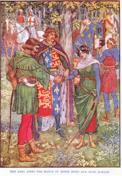 A király összefogja Robin Hood és Maid Marian kezét, 1920 körül alkotó: Walter Crane