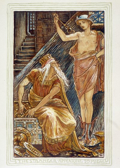 A Midasnak megjelenő idegen (Hermes apparait devant Midas) - Walter Crane „Csodakönyv lányoknak és fiúknak: galagonya” című könyvében alkotó: Walter Crane