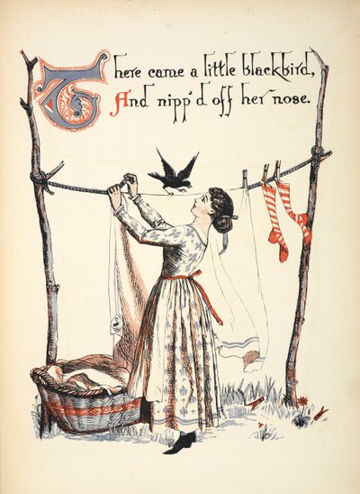 Jött egy kis feketerigó, és lecsípte az orrát. alkotó: Walter Crane
