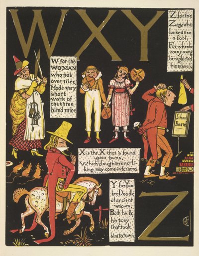 WXYZ- W annak a nőnek, aki nem volt túl kedves; X az X, amely a zsemléken található; Y – yankee doodle; és Z a bolondnak látszó bolondnak alkotó: Walter Crane
