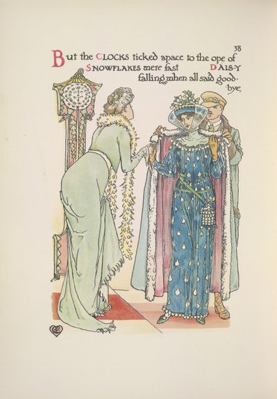 Esküvői vendégek távoznak. Egy hölgy búcsúzik; egy férfi segít neki felvenni a kabátját alkotó: Walter Crane