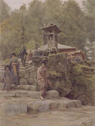 "Közelítés egy vidéki szentélyhez", illusztráció a "Japán és a japánok" címhez, kocsma. írta Methuen alkotó: Walter Frederick Roofe Tyndale