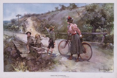 Tanácsadó hatóságok: nő kerékpározásra indul, és egy gyerekcsoporttól kér útbaigazítást (színes litho) alkotó: Walter Granville Smith