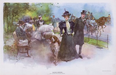 Húsvét reggel: nő sétáló kutyájával (színes litho) alkotó: Walter Granville Smith