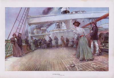 Az óceán közepén: az utasok, akik egy hajó fedélzetén játszanak shuffleboardot (színes litho) alkotó: Walter Granville Smith