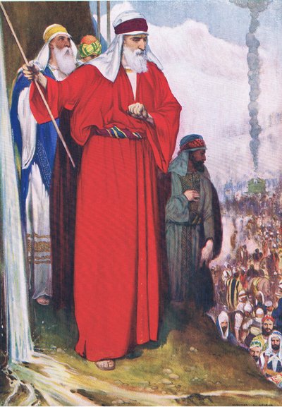 Smiting the rockat Meribah, a Thomas Nelson által kiadott Biblia Képeskönyvből, 1950 körül alkotó: Walter Grieve
