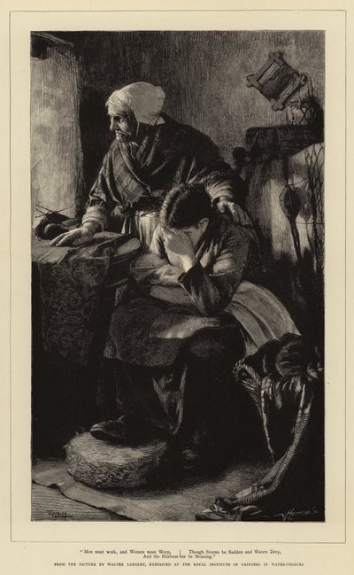 A férfiaknak dolgozniuk kell, a nőknek pedig sírniuk, bár a viharok hirtelen jönnek, a vizek mélyek, a kikötői bár pedig nyögős. alkotó: Walter Langley