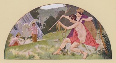Bellerophon átveszi Minervától a szárnyas Pegazus lovat (színes litográfia) alkotó: Walter MacEwen